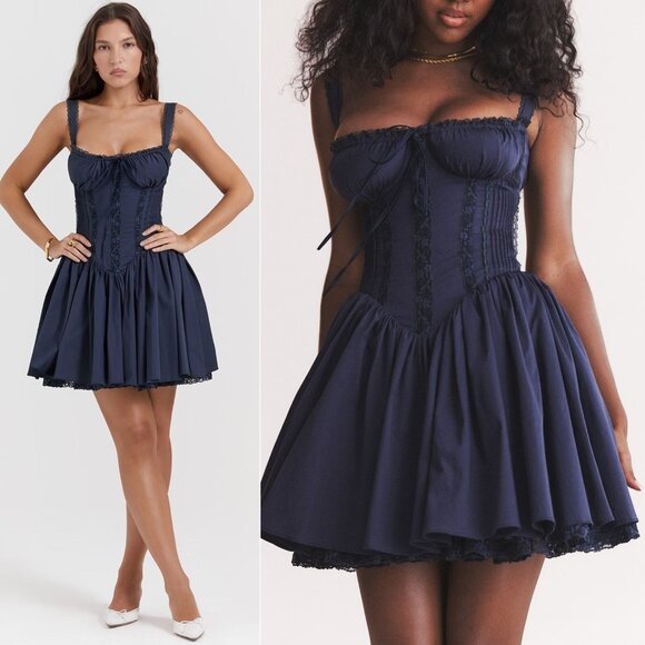 House of CB Pietra French Navy‎ Blue Corset Sweetheart Lace Trim Mini Dress XL - Picture 1 of 11